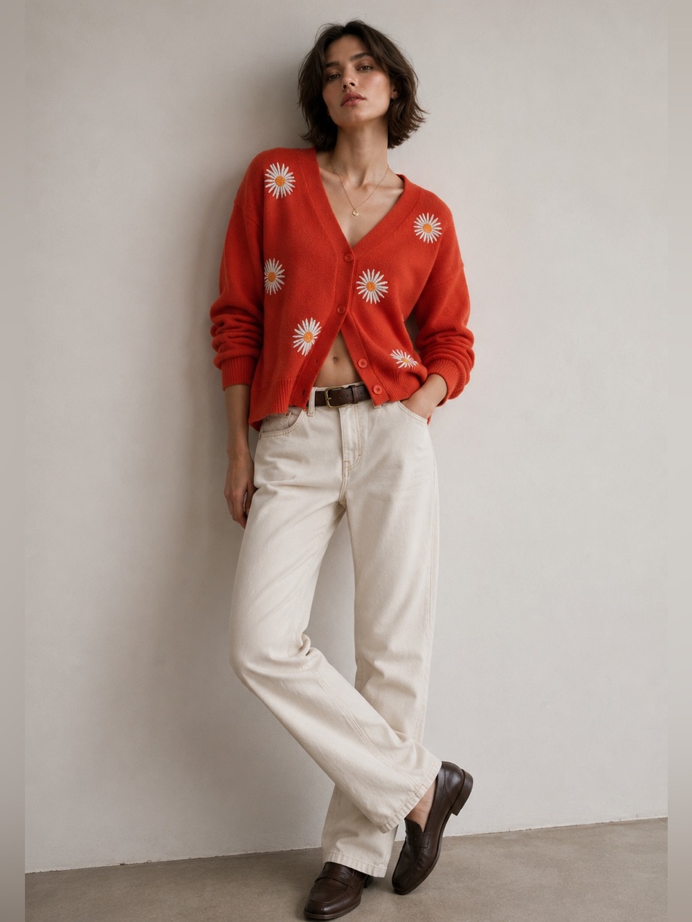 Red Daisy Embroidered Button-Up Cardigan XXL – Oversized Knit Sweater